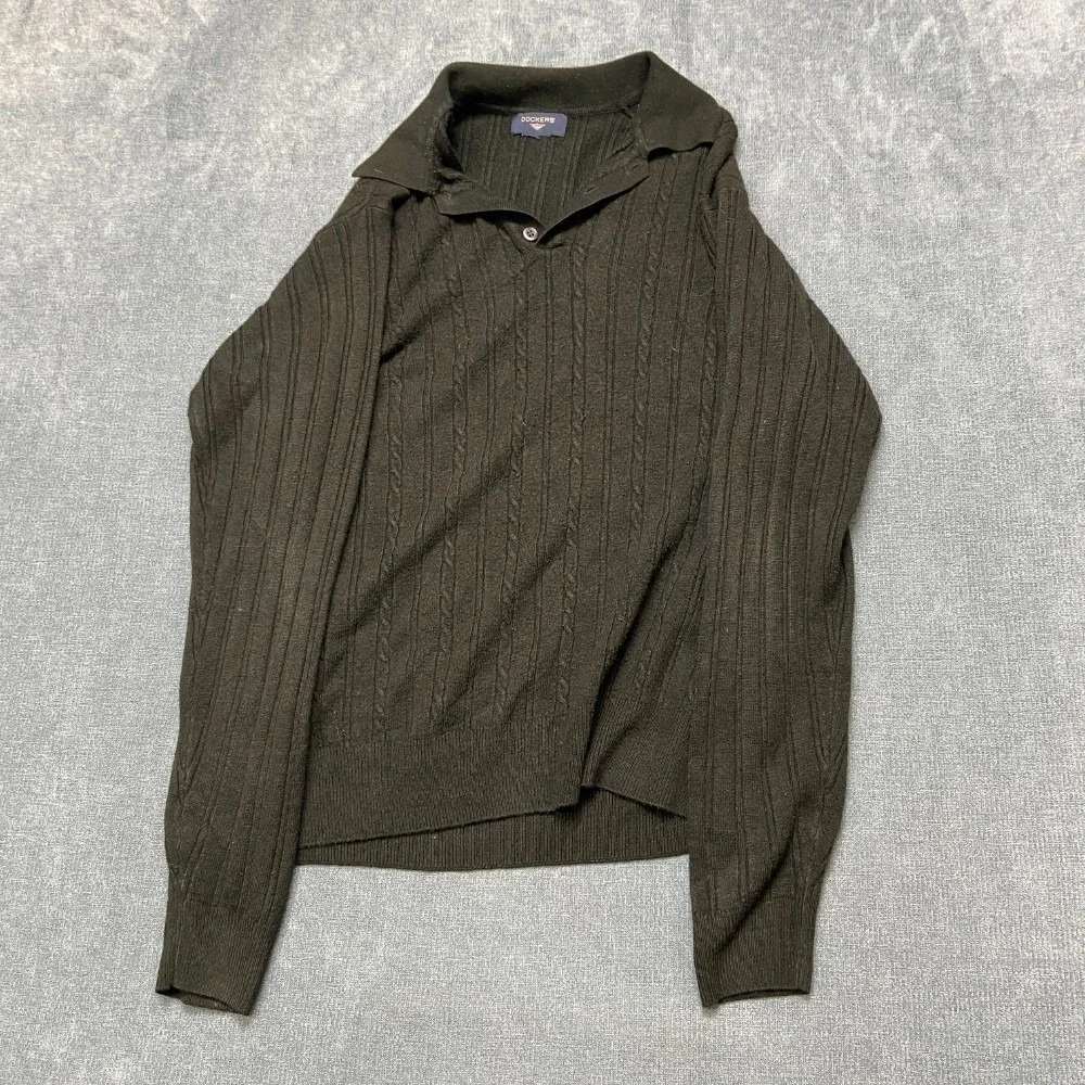 Dockers Polo Sweater Mens M Black Cable Knit Collared Button Front Outerwear